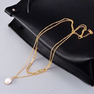 Brand New Rose Gold Double Chain Fresh Water Pearl Adjustable Necklace 18 -24 in